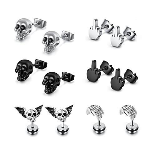 6 Pairs Punk Skull Earrings for Men Women Stainless Steel Silver Black Finger Skeleton Skull Stud Earrings Rock Ear Piercing Earrings Gothic Jewelery for Halloween