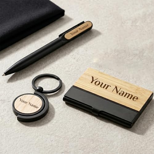 Image of Giftana Personalized Dual Side Keychain with Pen and Bamboo Visiting Card Holder Gift Set for Men & Women, Personalised Gifts for Husband, 3 in 1 Corporate Gifts for Employees, Clients,