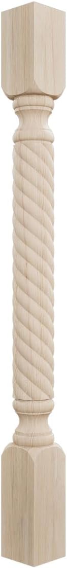 Ekena Millwork COL03X03X35HARW Hamilton Rope Cabinet Column (Top Block: 6 1/8", Bottom Block: 7 1/8"), 3 3/4"W x 3 3/4"D x 35 1/2"H, Rubberwood