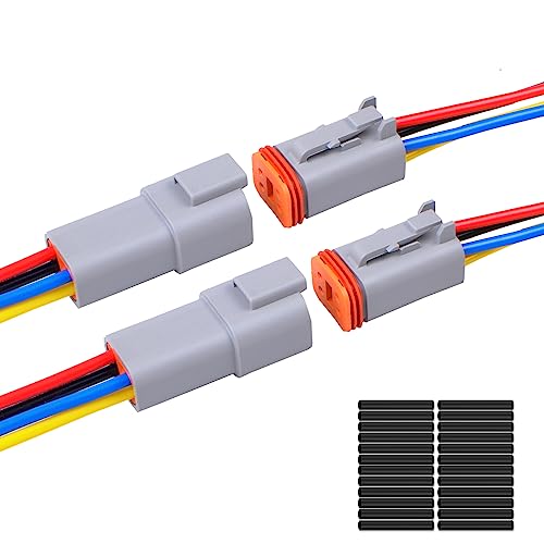 Exqutoo 2Pack 4-Pin Waterproof DT Connector Male and Female Wire Connectors with 16AWG 105℃ 600V Wires and Heat Shrink Tubes, Applicable for Automotive Electrical Connections