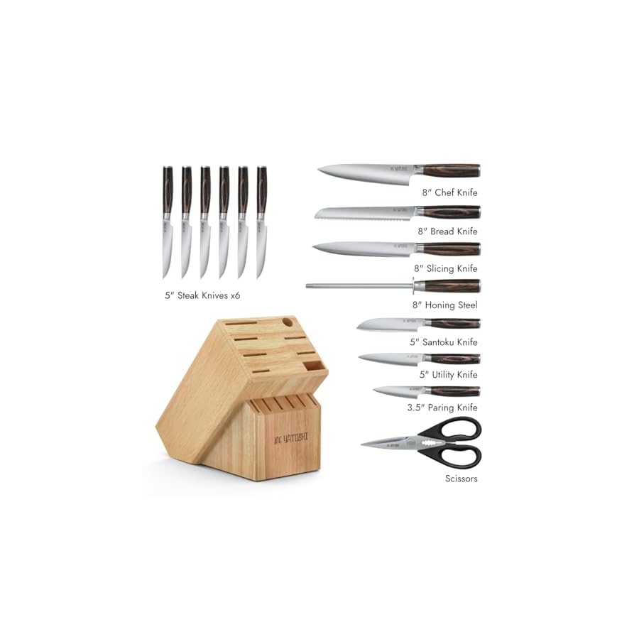 Yatoshi 15 Piece Knife Block Set - Pro Kitchen Knife Set Ultra Sharp High Carbon Stainless Steel with Ergonomic Handle