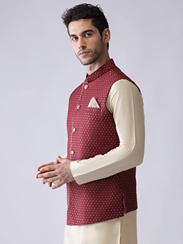 Image of KISAH Men's Cream Jacquard Silk Blend Nehru Jacket- Traditional Indian Waistcoat for Weddings & Royal Parties