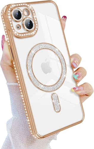 Image of Cute Compatible with iPhone 13 Diamond Glitter Case,Luxury Bling Rhinestone Soft Clear TPU Bumper Case,Compatible with MagSfe and Camera Lens Protection Cover for Women Girls (Gold)