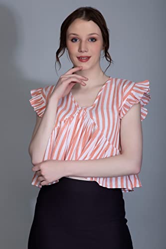 Image of Leriya Fashion Women's Western Regular Fit Crop Tops | Fancy Stripped with Ruffle Sleeves | Button Down Lightweight Cotton for Girls | Suitable for College Office Casual Wear for Ladies