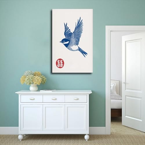 Impression sur toile oiseau bleu japonais pour habiller un mur vide de chambre ou de salon - 4