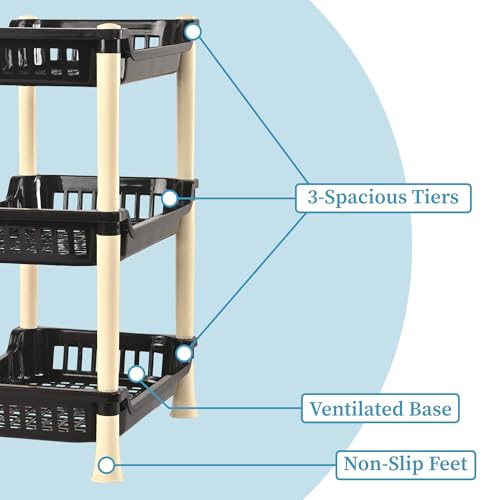 Image of Kuber Industries Plastic Shelf Rack for Storage | Multipurpose Three Layer Storage Organizer Rack for Household, Office, Bedroom, Kitchen, Living Room - Brown