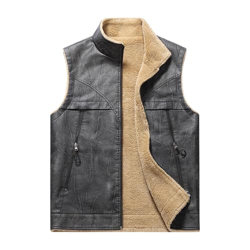 Mens Winter Faux Leather Vests Stand Collar Fleece Lined Vest Warm Casual Sherpa Sleeveless Jacket with Zip Pockets