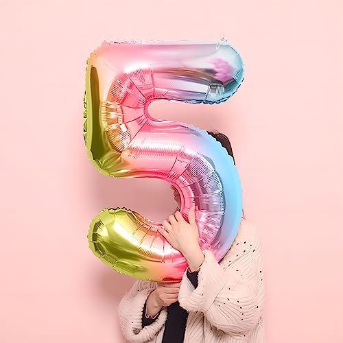 Image of 40 Inch Giant Rainbow Number 5 Balloons, Birthday Balloons, Helium Mylar Foil Big Number Balloons for Birthday Party Decorations, Kids' Birthday Anniversary Party Baby Shower Unicorn Parties