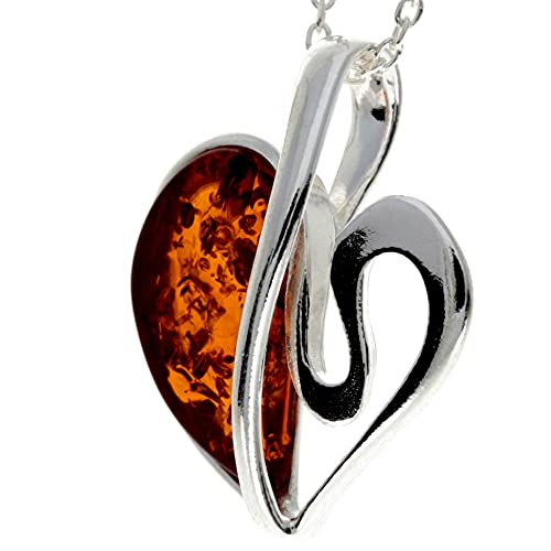 Genuine Cognac Baltic Amber & Sterling Silver Modern Heart Pendant without Chain - GL20152