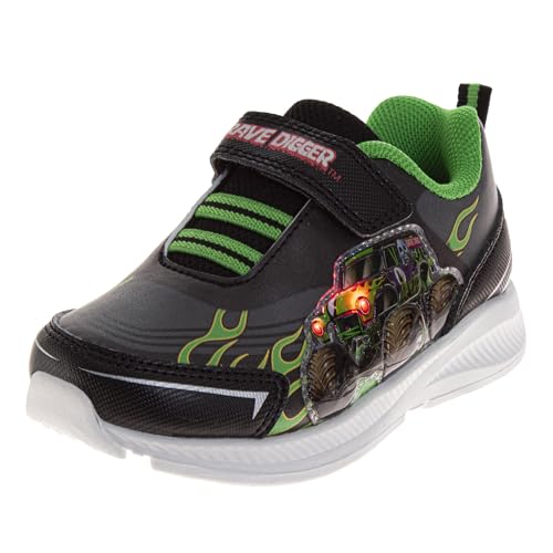 Josmo Kids Monster Jam Sneakers LED Light Up Laceless Shoe - Monster Truck Shoes for Boys - Black Green/Grave Digger (Size 9 Toddler)