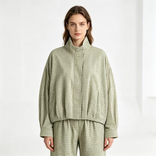 Plaid Bomber Jacket Women Oversized Cropped Funnel Neck Gingham Jacket - image 2