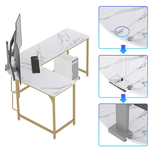Teraves Reversible L-Shaped Desk Corner Gaming Computer Desk Office Workstation Modern Home Study Writing Wooden Table (Large, White Marbling+ Gold Frame) #TOP7