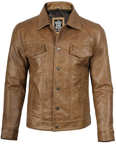 Image of fjackets Real Lambskin Vintage Trucker Leather Jacket Men - Shirt Collar Style Leather Jackets For Mens
