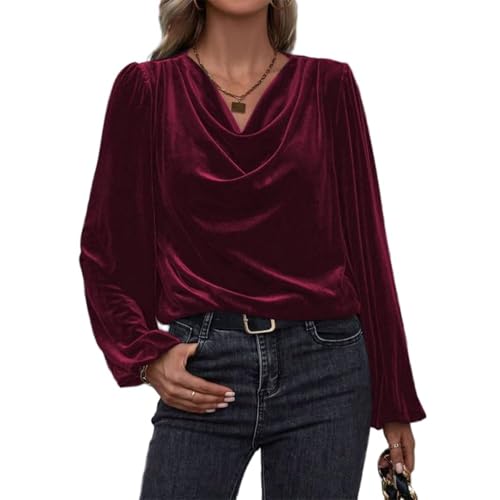 Blusa de terciopelo para mujer, con cuello drapeado, elegante, vintage, manga farol, elegante, casual, ajuste holgado, para fiesta de noche, rosso, S