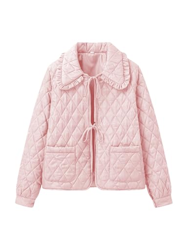 Vimida Women's Quilted Lightweight Jacket - Pink Cropped Puffer Coat with Bow Tie Design (X-Large) - Perfect for Winter Adventures!