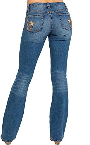 Bootcut Jeans for Women,Stretchy Feather Flower Embroidery Mid Rise Slim Straight Leg Pants Jeans Hazy Blue3