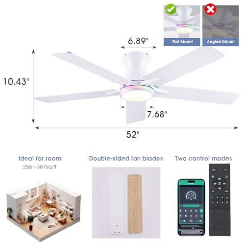 Image of 52 inchWhite Modern Low Profile RGB Ceiling Fans with Lights and Remote /APP | 14 RGB Modes,Supports Remote and APP,6 Wind Speeds, Reversible, Dimmable 3 CCT LED, 30W DC Motor,Suits for Bedroom Kidsroom