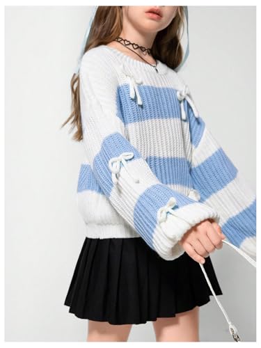 Girl's Bow Sweater Striped Crew Neck Sweaters Colorblock Long Sleeve Cute Knit Pullover Tops4