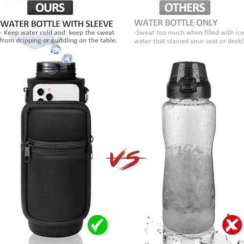 Image of Fimibuke 32 oz Water Bottle with Sleeve - BPA Free Leakproof Sport Large 1L Plastic Motivational Water Bottle with Straw & Strap & Insulated Neoprene Holder Carrier Bag for Women Men(A1.Black)