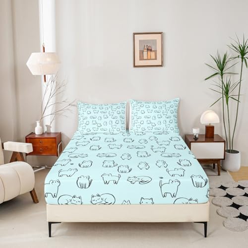 Image of Cute Cats Kitten Pet Fitted Sheet Set with 2 Pillowcase,Cartoon Cat Bed Sheet Teens,Animals Top Flat Sheet Luxury Microfiber,Queen Size