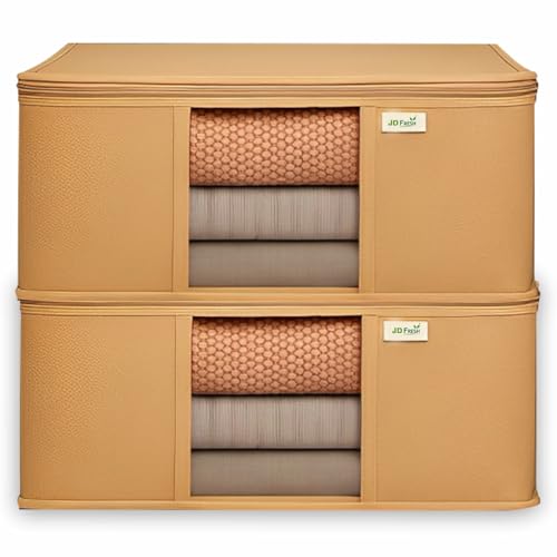 JD FRESH 2 Pcs Non-Woven Saree Covers/Storage Bags with Zip Cover/Space Saving Bag with Transparent Window/Cupboard Storage Organizer for Clothes/Lehengas/Bedsheets (17 X 14 x 6.5 Inch/Orange)