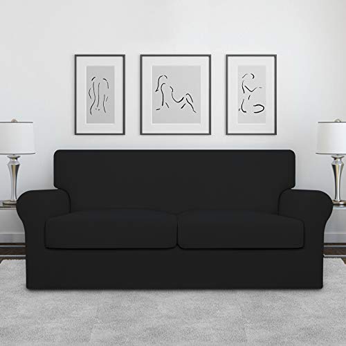 Image of Easy-Going Stretch Oversized Loveseat Couch Cover for 2 Cushion Washable | Sofa Slipcover for Stretch 2 Separate Sectional Cushion Couch - Furniture Protector for Pets, Kids Black