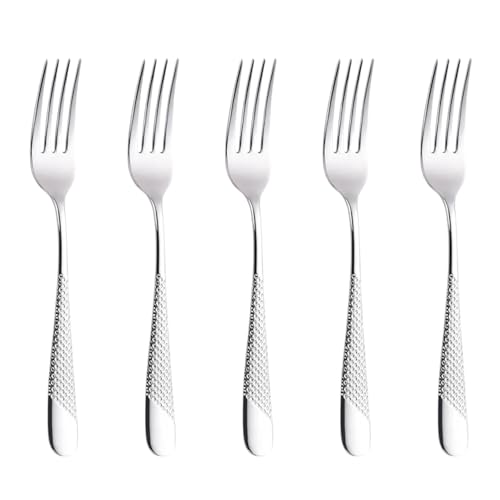 Image of Sterling Silver French Style Silverware | 5-Piece Hammered Dinner Fork Set | Premium 18 /10 Stainless Steel Flatware | Durable & Elegant Cutlery for Home, Restaurants & Gifting