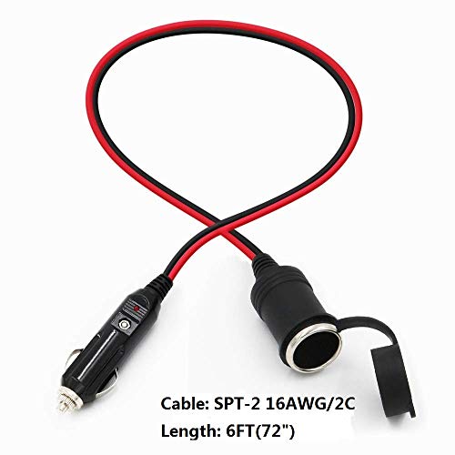 Image of SPARKING 6FT Car Cigarette Lighter Extension Cord - Male Plug to Female Socket 16AWG Heavy Duty Cable With LED Lights for Tire Pump, Air Compressor