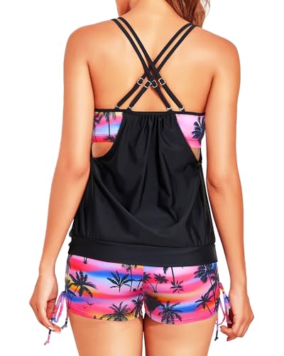 Image of Holipick Tankini Swimsuits Two Piece Tummy Control Bathing Suits Blouson Swim Tank Top with Boy Shorts