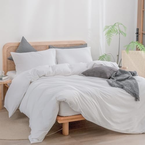 Image of BESTOUCH Cotton Solid Duvet Cover Set Linen Feel Bright White Alaska King | 100% Washed Cotton, Soft Wrinkle Texture, Hidden Zipper, 8 Ties, Breathable Lightweight Durable Comfy, 3 Pcs No Insert