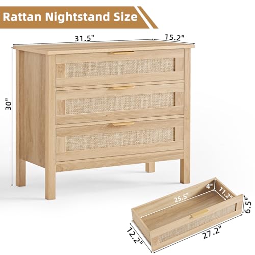 LEYAOYAO 31.5" Wide Rattan Night Stand, Large Boho Nightstand, Bedside Table with Storage, Tall Bed Side End Tables, Chest of Drawers for Bedroom, Living Room, Hallway(Natural,3 Drawers,2) - Image 2