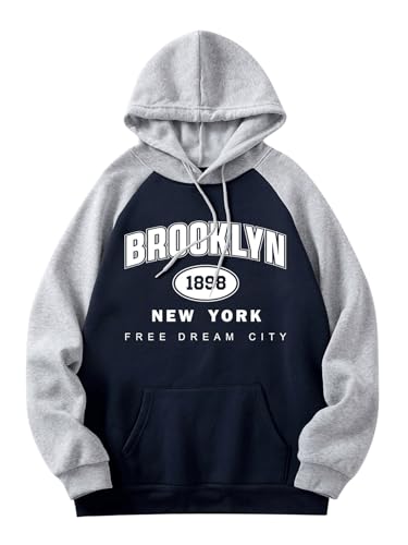 SOLY HUX Letter Graphic Hoodies for Men Color Block Drawstring Long Sleeve Sweatshirt Pullover Tops with Pocket