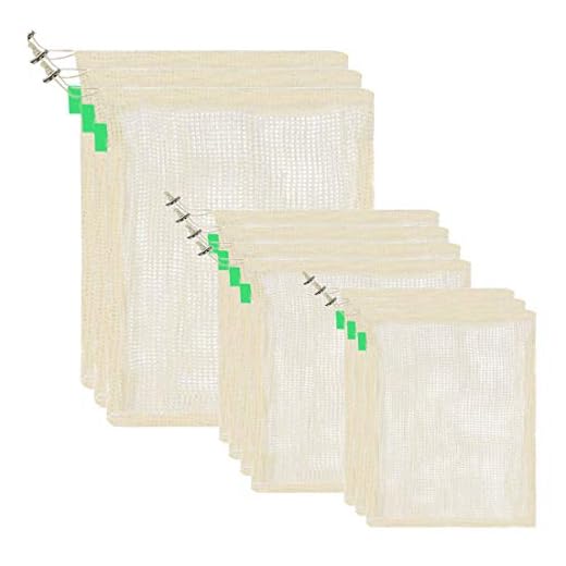 Pinji Bolsa de Producción Reutilizable de Algodón Orgánico Lavables, Juego de 10 Bolsas de la Compra Bolsas de Malla Reutilizables Degradables para Productos Frescos, Frutas y Verduras (3*S, 4*M, 3*L)
