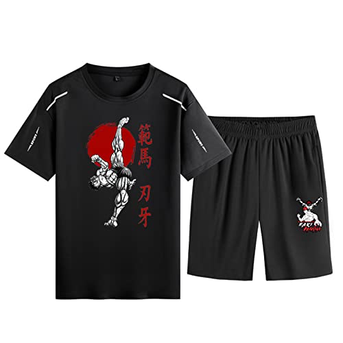 IPOVOQ Baki The Grappler T-Shirt et Short Set Survêtement d'été à séchage Rapide Anime Hanma Baki Son of Ogre Cosplay Costume imprimé à Manches Courtes pour Homme Cover