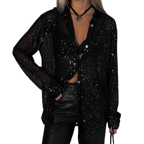 Womens Sequins Long Sleeve Collared Shirt Button Down Open Front Shirt Loose Blouses Shirts Tops