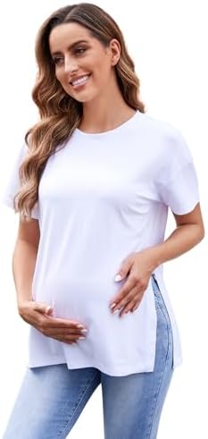 Oudrtent Women’s Maternity Shirts Casual Split Side Pregnancy Tops Loose Fit Blouses Short Sleeve Maternity Clothes