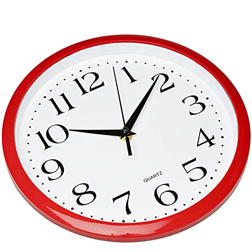 Image of Bernhard Products Red Wall Clock Silent Non Ticking - 10 Inch Quality Quartz Battery Operated Round Easy to Read Home /Kitchen /Office /Classroom /School Clocks, Vintage Retro Red Frame Black Numbers