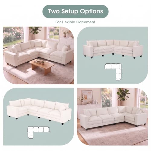 Image of 97 inch V Shaped 5 Seat Sectional Couch, Comfy Chenille Upholstered Modular Cloud Sofa, Convertible L Shaped Corner Couch with Storage Armrests & 2 Pillows, Sectional Couches for Living Room, Beige