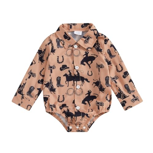 Image of Rarjuiey Newborn Western Baby Boy Outfits Country Cow Shirt Romper Short Sleeve Button Down Bodysuit Cowboy Summer Clothes Russet 12-18 Months
