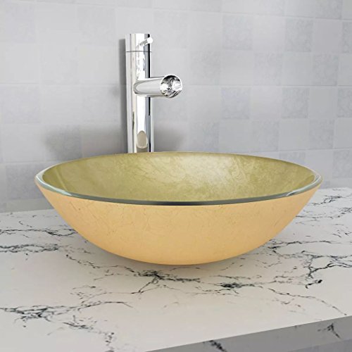 ARKEM Lavabo Verre trempé 42 cm Doré,Vasque À Poser Salle De Bain,Lavabo Salle De Bain