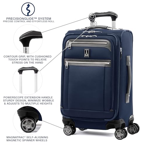 Image of Travelpro Platinum Elite Softside Expandable Carry on Luggage, 8 Wheel Spinner Suitcase, USB Port, Suiter, Men and Women, Dark Blue, Carry On 21-Inch