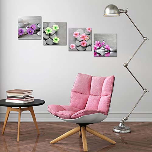 Lyerartork Zen Stone Canvas Wall Art Colorful Orchid Flower Pictures Wall Decor Grey Pebble Stone Painting Prints For Modern Bathroom Bedroom Massage Spa Room Decoration 12X12Inchx4Pcs (Small) #TOP1