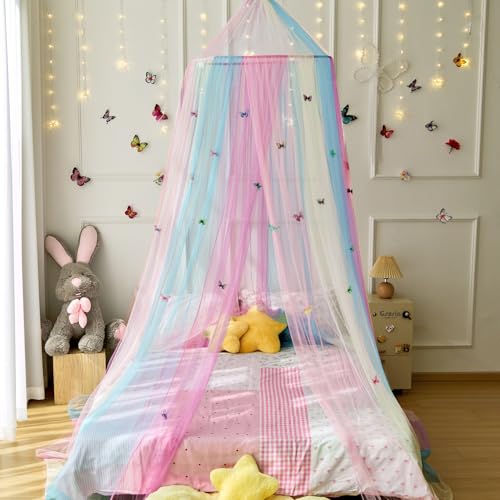 Image of Rainbow Bed Canopy with Butterflies for Girls,Breathable Canopy Bed Curtain for Bed,Princess Play Tent for Kids Room Reading Nook