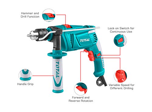 Image of TOTAL 850W Impact Drill Machine, 13mm Chuck, Variable Speed 0-2700RPM, Hammer & Drill Function, Forward /Reverse Switch, Lock-On Button, Electric Drill for Concrete, Wood & Metal