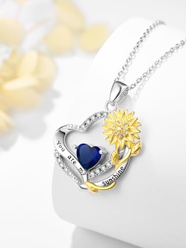 Sunflower Birthstone Necklaces for Women 925 Sterling Silver You Are My Sunshine Heart Pendant Necklace Anniversary Birthday Jewelry Gifts for Mom Wife Her2