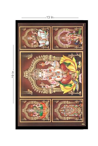 Gugan's Engineered Wood Religious 5 Hindu God Photos Frame | Lord Ganesha Tirupati Balaji, Murugan with Valli & Devasena, Goddess Lakshmi and Saraswati Wall Mount Frame for Pooja Room (13x19 Inch)