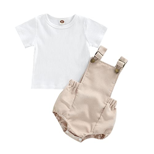 FEIBEL Unisex Baby 2PCS Summer Clothes Set Ribbed Short Sleeve Crewneck T-Shirt Suspender Romper Shorts Outfits Set (A-Khaki, 6-12 Months)
