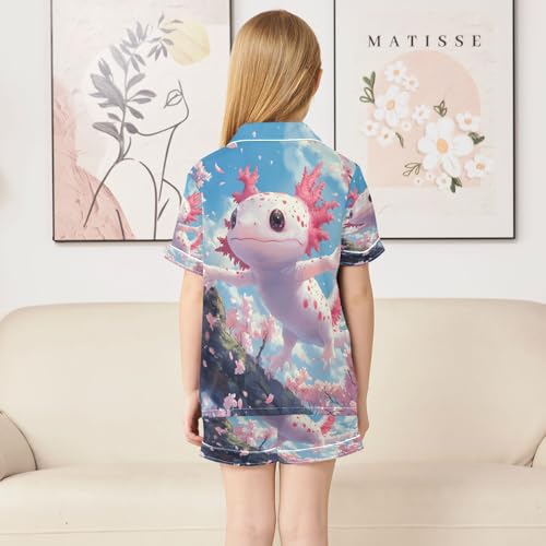 Satin Pajama Sets Short Sleeve Cute Axolotl Pink Cherry Blossoms Button Down Silky Nightwear 2 Piece PJS 5-14Y4