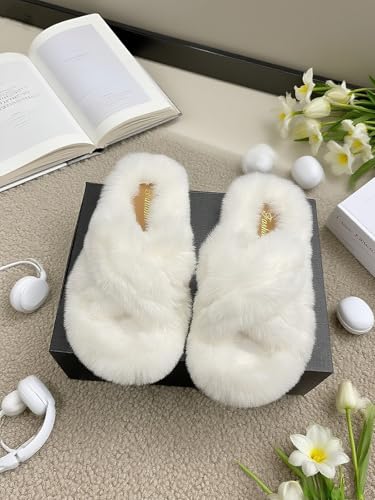 Plush Cross-Band Slippers, Fluffy Indoor House Shoes, Non-Slip Sole,4