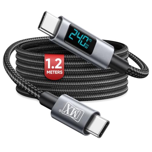 Image of MX 240W USB C to USB C Fast Charging Cable with LED Display, 5A Type C to Type C Fast Charging Nylon Braided Cable, 480Mbps Data Transfer, 1.2M Tangle-Free Cable for MacBook, Laptop, iPad & Phone